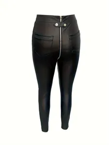 Stylish high waisted black PU leather skinny leggings featuring a full length back zipper