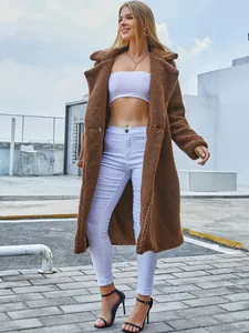 Stylish women's brown long teddy coat with lapel for autumn and winter fashion