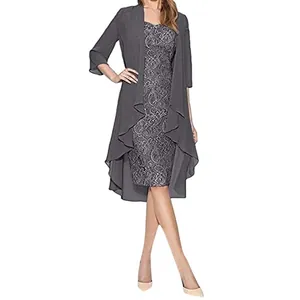Elegant grey two-piece lace dress set with a matching chiffon jacket for formal parties