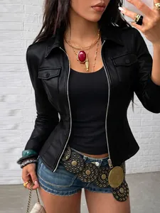 Fashionable slim fit black faux leather jacket for women with front pockets and zipper.