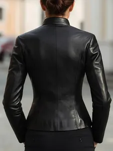 Stylish women's black leather jacket with stand collar in short slim fit design