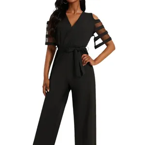 Tuta Intera da Donna Sexy Scollo a V Spalle Scoperte Vita Alta Cintura Gamba Larga Rete Cucito Poliestere Moda Casual Pantaloni Lunghi
