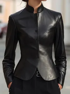 Chic women's black leather jacket featuring a modern stand collar and elegant slim fit cut