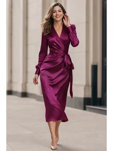 Elegant purple satin V-neck long sleeve midi dress with waist tie for women fashion