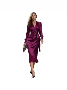 Elegant purple satin V-neck long sleeve wrap midi dress with slimming waist tie