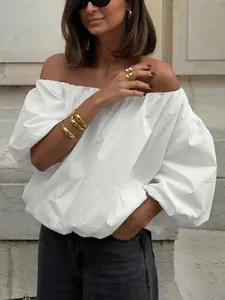 Women Elegant Asymmetric Off Shoulder Cotton Shirt Blouse Puff Sleeve Casual Commute Top Solid Color Summer Clothing Design