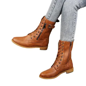 Stylish brown faux leather lace-up combat boots with side zipper for modern women