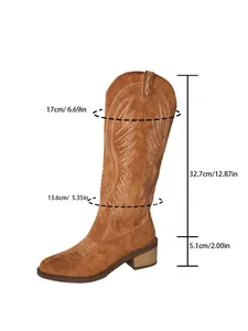 Measurement details for brown retro embroidered mid-calf cowboy boots with thick heels.
