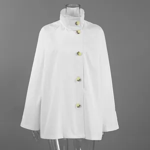 Elegant white mid-length trench coat with large amber buttons and high collar detail