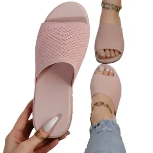 Stylish pink knitted platform slides for women breathable summer flat sandals for outdoor wear