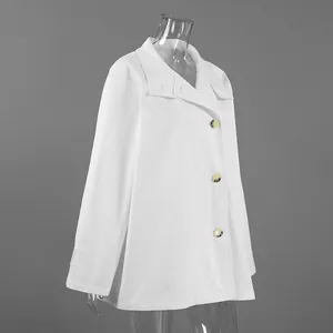 Side view of a white loose-fit mid-length trench coat with large buttons and wide collar