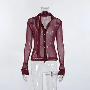 Detailed view of sheer burgundy shirt with button-down front and matching necktie