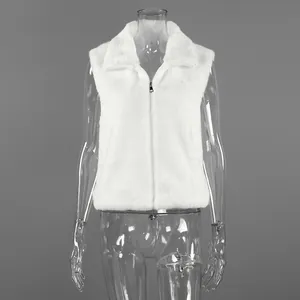 High-quality detail of a white plush faux fur sleeveless zip-up vest on mannequin