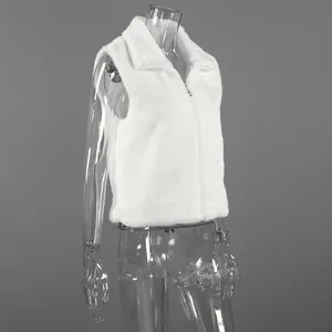 Detailed side view of white faux fur sleeveless zipper vest on transparent mannequin