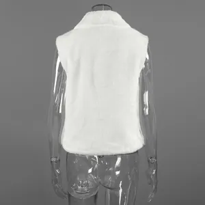 Detailed back view of a white plush faux fur vest featuring a high neck design.