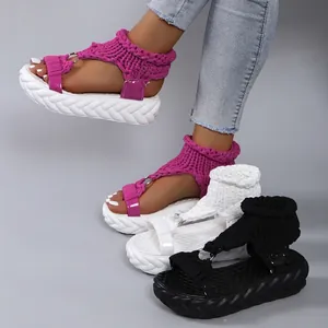 Chunky platform sandals with knitted straps in magenta white and black