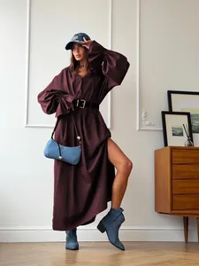 Elegant French style burgundy linen maxi dress with V-neck, high slit and flared sleeves
