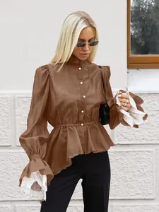Blusa de Tencel Francesa para Mujer Manga Abullonada Cintura Delgada Patchwork Encaje Elegante Manga Larga Cuello Alto Camisa Top