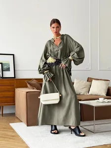 French style olive green long sleeve linen maxi dress with V-neck and puff sleeves