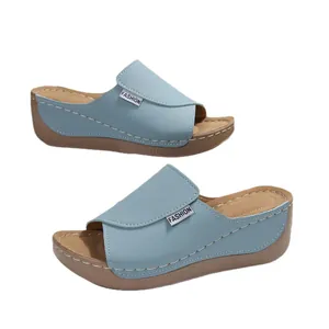 Stylish light blue wedge sandals for women with peep-toe design and thick soles