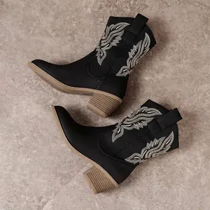 Macro view showing the intricate embroidery details and textured heel of black boots