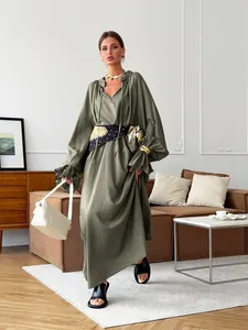 French style olive green long sleeve V-neck linen maxi dress with belted waist detail