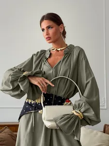 Elegant French style V-neck long-sleeved linen dress with chic tie-waist detail
