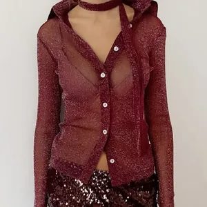Glittery dark red sheer long sleeve cardigan with matching ribbon necktie detail