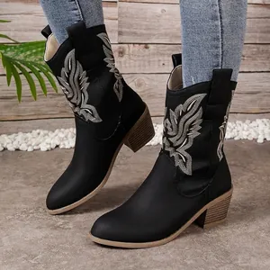 Close-up of stylish black Western cowboy boots with intricate silver embroidery and chunky heel