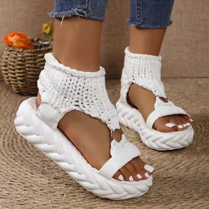 Women Knit Fabric Platform Sandals Fashion Open Toe Roman Shoes With Metal Buckle Soft Sole Wedges Summer Casual Beach Sandals