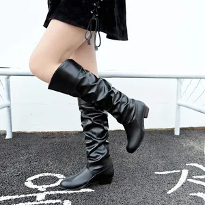 Women's Slouchy Riding Boots Synthetic Leather Round Toe Flat Knee High Boots Western Style Solid Color Autumn Winter Casual Boots