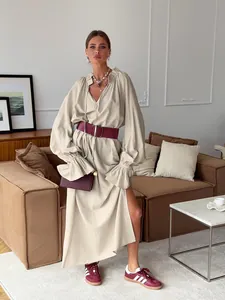 Elegant French design long sleeve linen dress with V-neck and high slit detail