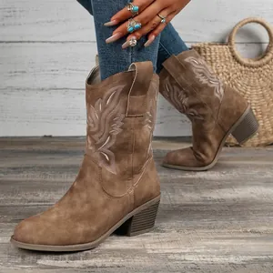Detailed shot of brown suede western boots with intricate white floral embroidery
