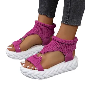 Magenta knitted platform sandals with white textured thick sole for women