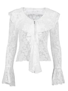 Elegante camicetta in pizzo bianco stile francese con volant e maniche a campana