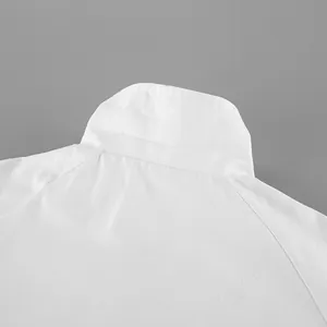 Close-up view of the structured stand collar on this white designer women's windbreaker