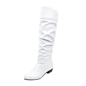 Detailed view of white pleated high-tube knight boots with a round toe and flat heel