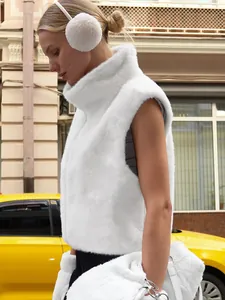 White faux mink fur sleeveless vest jacket with high neck for women in outdoor street style