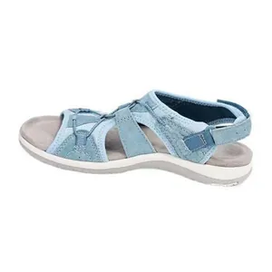 Detailed side view of light blue women's sporty wedge sandals with adjustable Velcro straps