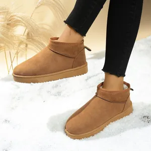 Detailed view of brown faux fur lined snow boots for women in a snowy setting.