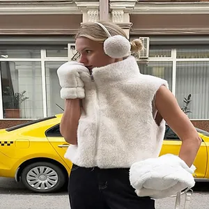 Stylish white faux fur sleeveless vest with zipper and high neck for winter women