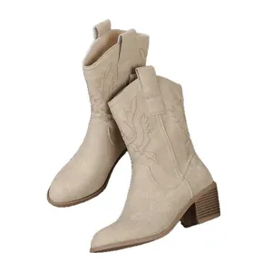 Vintage beige Western cowboy boots with embroidery, pointed toe and chunky heels