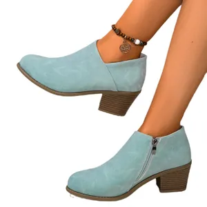 Light blue suede-like chunky heel ankle boots with side zipper for women