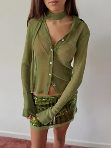 Sheer green shimmering long sleeve shirt with matching neck scarf tie for women
