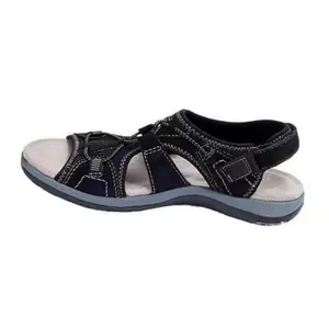 Detailed side view of black women's wedge sandals with white stitching and velcro straps
