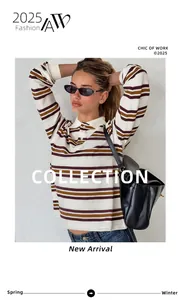 Detailed shot of retro color-block striped polo shirt on a model with chic bag