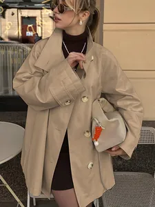 Fashionable khaki mid-length trench coat for women, perfect for autumn and winter 2025