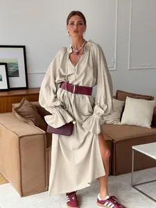 French Vintage Design V-Neck Long Sleeve Linen Cotton Dress With Ruffles Slit Tie-Waist Maxi Dress For Women Elegant Gentle Style