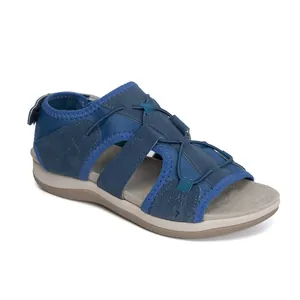 Side view of blue breathable casual women's sandals with round toe and flat sole