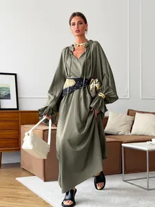 Elegant olive green V-neck long sleeve linen maxi dress with ruffle cuffs